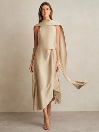 Reiss Champagne Neutral Satin Tuck-detail Cape Midi Dress