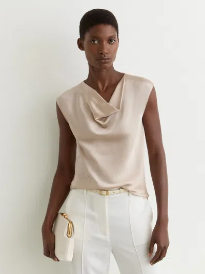 Reiss Champagne Neutral Silk Cowl-neck Sleeveless Top