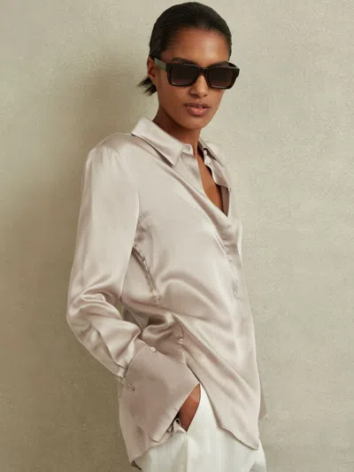 Reiss Champagne Silk Double-cuff Button-through Shirt In Gold