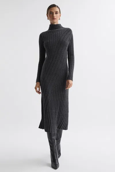 Reiss Cady Long Sleeve Mixed Rib Midi Sweater Dress In Charcoal