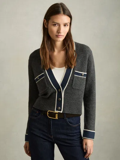 Reiss Charcoal Eloise Wool-cashmere Tipped V-neck Cardigan