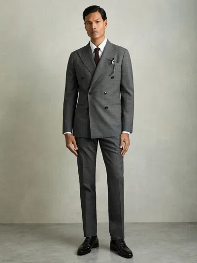 Reiss Charcoal Grey Malibu Regular-fit Double-breasted Sharkskin Wool-blend Suit Blazer In Gray