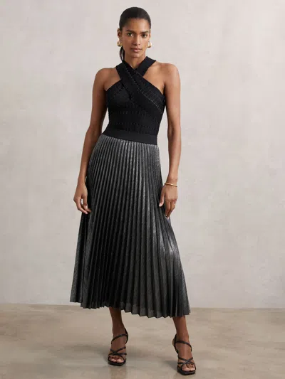 Reiss Charcoal Grey Metallic Pleated Midi Skirt In Gray