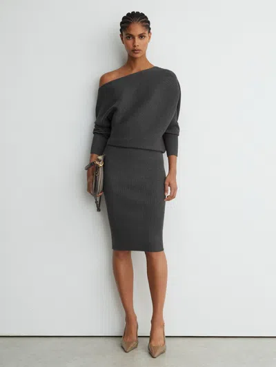 Reiss Charcoal Grey Off-the-shoulder Ribbed Midi Dress In Grey