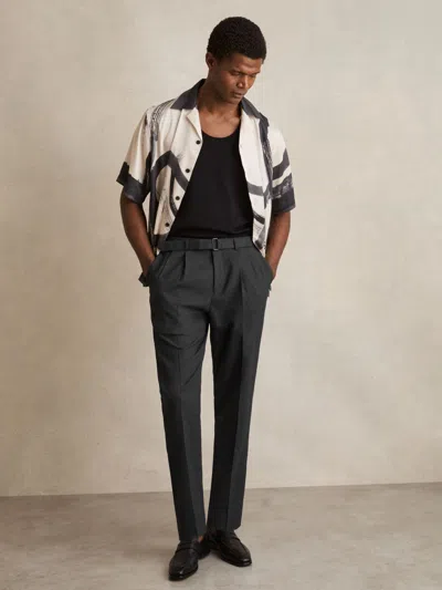 Reiss Charcoal Grey Wool-blend Belted Pleated Trousers Regular-fit