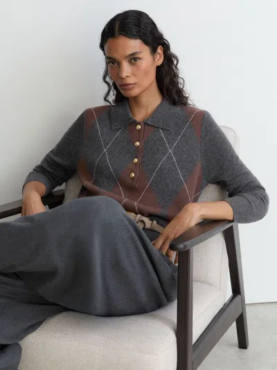 Reiss Charcoal Grey Wool-cashmere Argyle-knit Polo Jumper In Gray