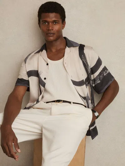 Reiss Charcoal Grey/off White Brushstroke-print Cuban-collar Shirt In Multi