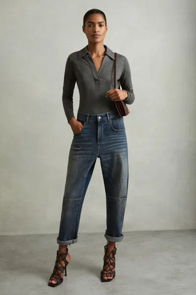 Reiss Charcoal Lyocell Wool Open Collar Top