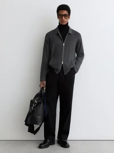 Reiss Charcoal Melange Wide-rib Zip-through Cardigan In Gray