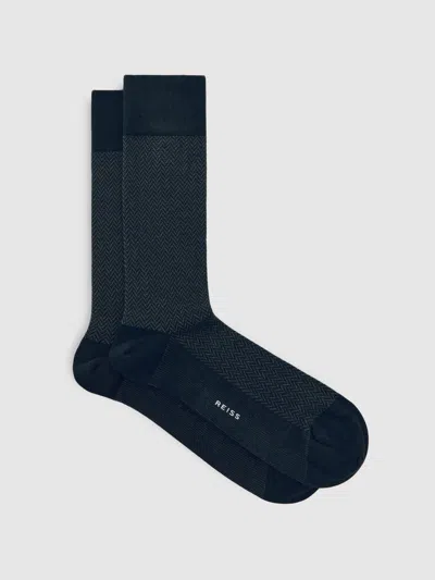 Reiss Charcoal Cotton-blend Herringbone Socks In Blue