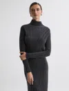 Reiss Charcoal Petite Knitted Roll Neck Midi Dress In Gray