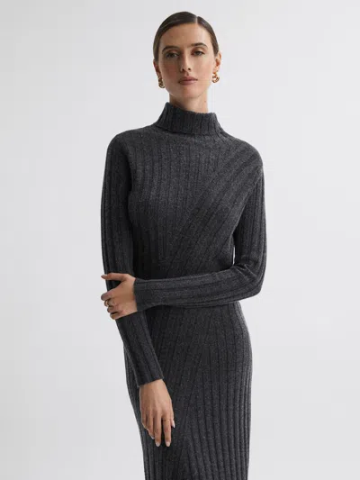 Reiss Charcoal Petite Knitted Roll Neck Midi Dress In Gray