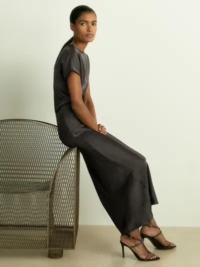 Reiss Charcoal Satin Short-sleeve Midi Dress In Gray