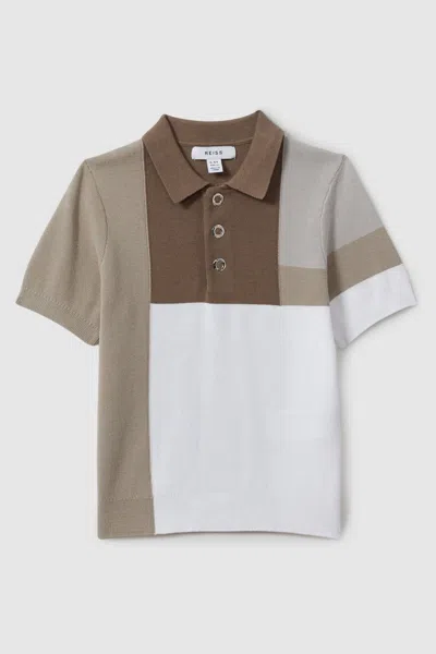 Reiss Kids' Charge - Camel Multi Colourblock Polo Shirt, Uk 12-13 Yrs