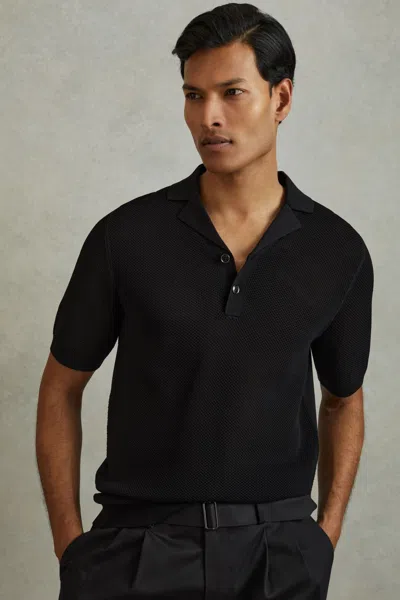 Reiss Charlie - Black Open-stitch Cuban-collar Polo Shirt, S