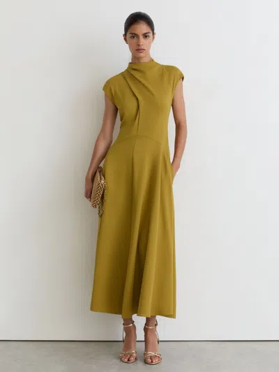 Reiss Chartreuse Green Alma High-neck Pleat-detail Midi Dress