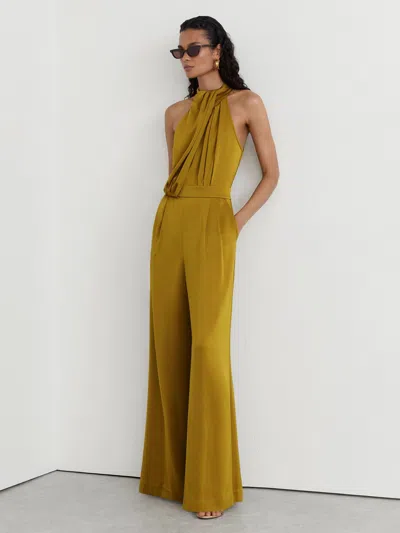 Reiss Chartreuse Green Petite Satin Draped Wide-leg Jumpsuit In Yellow