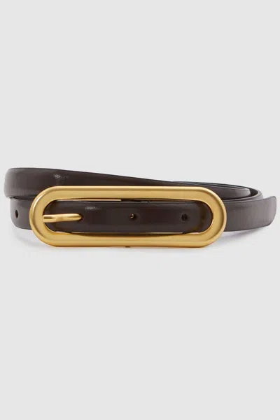 Reiss Chocolate Chaya Thin Leather Elongated Buckle Belt In Chocolate