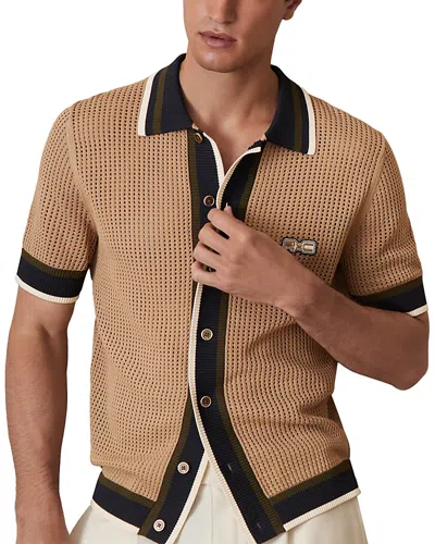 Reiss Che Crusoe Crochet Contrast Trim Button Shirt In Brown