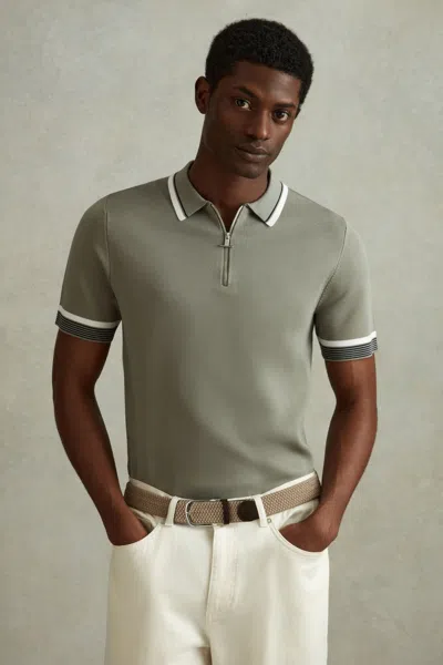 Reiss Chelsea Tipped Half Zip Polo Shirt In Sage