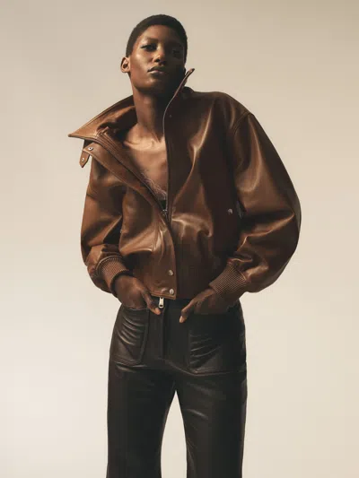 Reiss Chestnut Brown Leather Funnel-neck Bomber Jacket