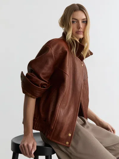 Reiss Chestnut Brown Petite Textured Leather Oversized Jacket