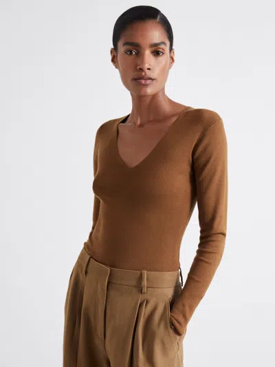 Reiss Atelier Long Sleeve Top Silk Knitted In Brown