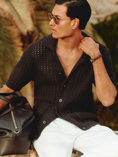 Reiss Chocolate Brown Amir Crochet Button-through Shirt