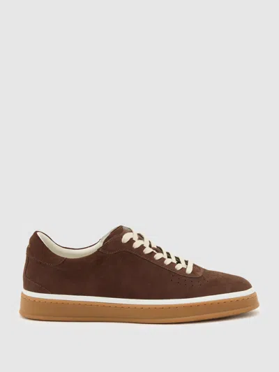 Reiss Chocolate Brown Anders Suede Suede Perforated-detail Trainers