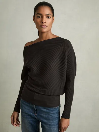Reiss Chocolate Brown Asymmetric Draped Knitted Jumper In Gray