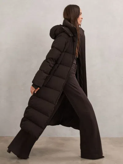 Reiss Chocolate Brown Belted Longline Hooded Puffer Coat