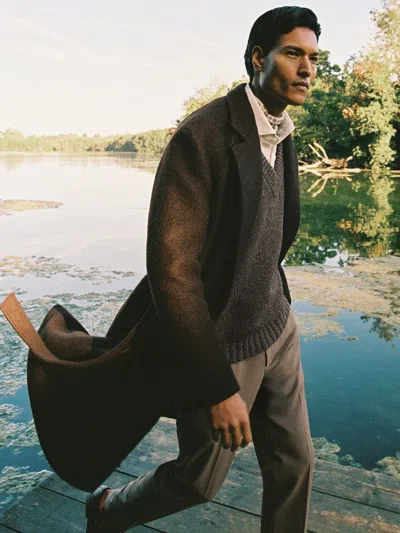 Reiss Chocolate Brown Bouclé Double-breasted Overcoat Wool-blend