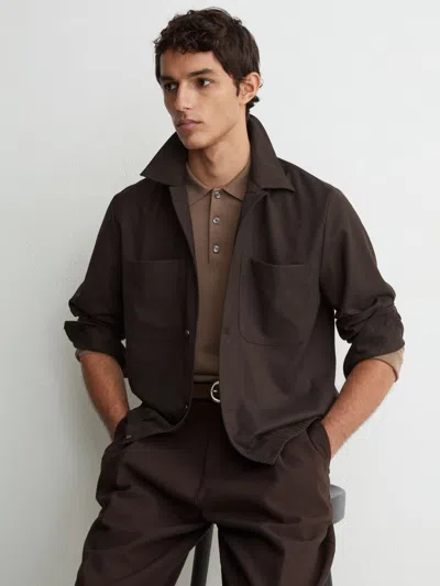 Reiss Chocolate Brown Brushed Twin-pocket Overshirt With Wool In Pink