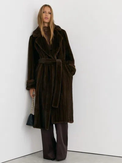 Reiss Chocolate Brown Cate Petite Faux-fur Double-breasted Long Coat