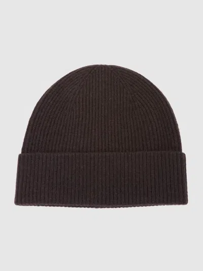 Reiss Chocolate Brown Chaise Merino Wool Rib-knit Beanie