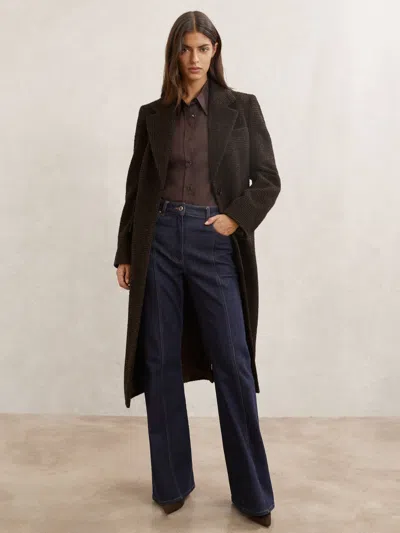 Reiss Chocolate Brown Check Wool-blend Houndstooth Check Coat