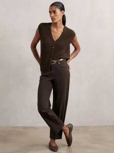 Reiss Chocolate Brown Cotton-linen Button-through Knit Top
