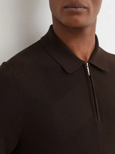 Reiss Chocolate Brown Cotton-blend Chevron-knit Half-zip Polo
