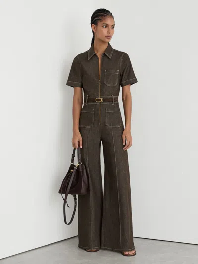 Reiss Chocolate Brown Danie Petite Wide-leg Zip-through Denim Jumpsuit