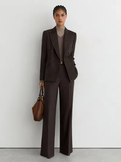 Reiss Chocolate Brown Dawson Petite Wool-blend Herringbone Double-breasted Blazer