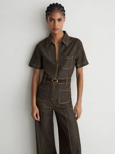 Reiss Chocolate Brown Denim Wide-leg Jumpsuit