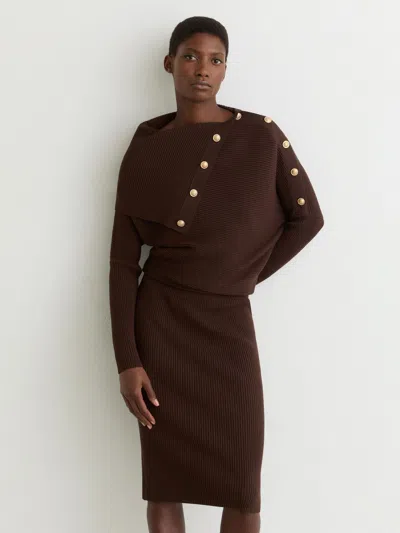 Reiss Chocolate Brown Draped Off-shoulder Rib-knit Dress