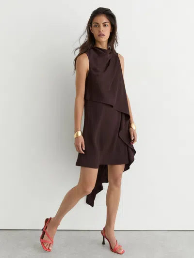 Reiss Chocolate Brown Drape-detail Layered Mini Dress