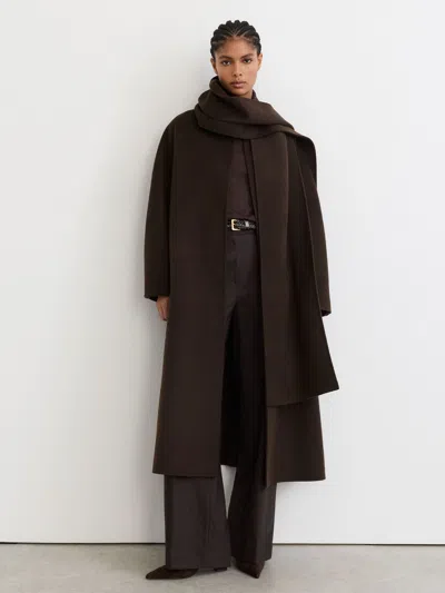 Reiss Chocolate Brown Elodie Petite Wool-blend Long Blind-seam Scarf Coat