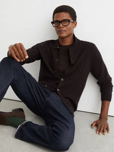 Reiss Chocolate Brown Wool V-stitch Button-through Cardigan In Black