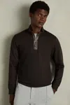 Reiss Chocolate Brown Leather-placket Interlock-jersey Sweatshirt In Chocolate Brown