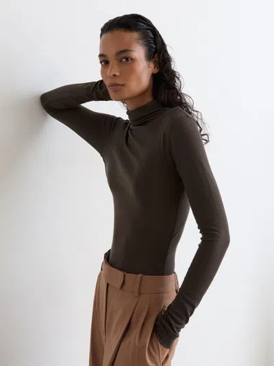 Reiss Chocolate Brown Heidi Lyocell-wool Ruched Mock-neck Top