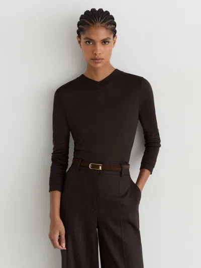 Reiss Womens Chocolate Brown Bordy High V-neck Woven Top Xs In Multi