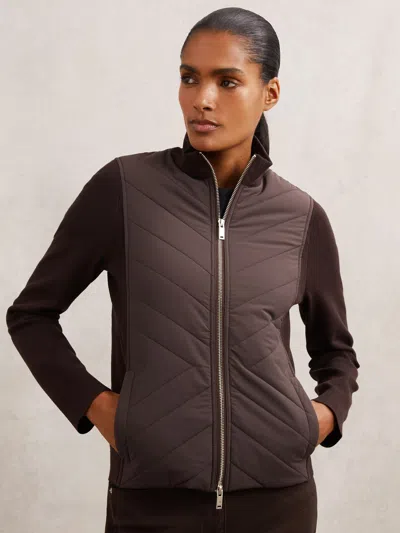 Reiss Chocolate Brown Hybrid Quilted Zip-through Knit Jacket