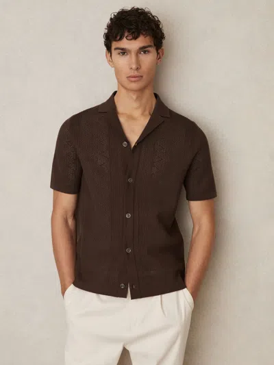 Reiss Chocolate Brown Kipling Textured-knit Short-sleeve Shirt
